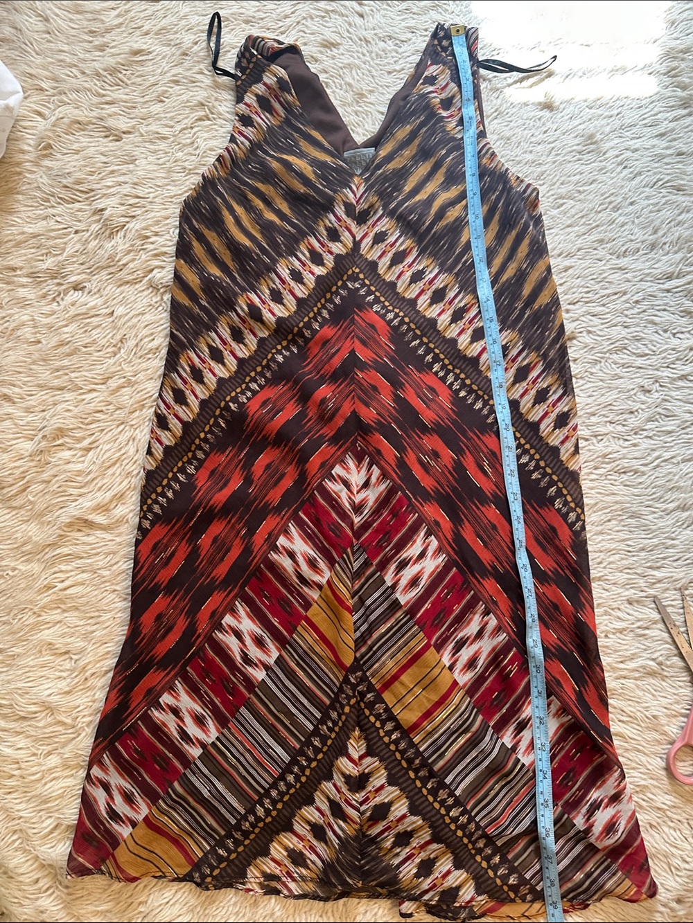 Tribal Chevron V-Neck Midi Dress in Red, Brown & Mustard